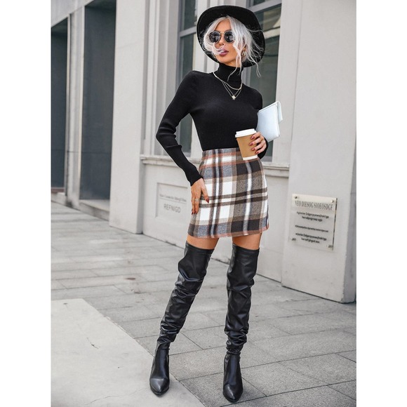 Plaid Wool Mix Bodycon mini Skirt tan white brown - Picture 5 of 5